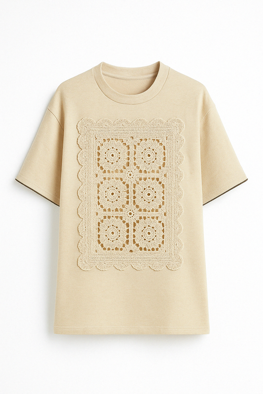 Cream Terry Tee with Crochet Panel