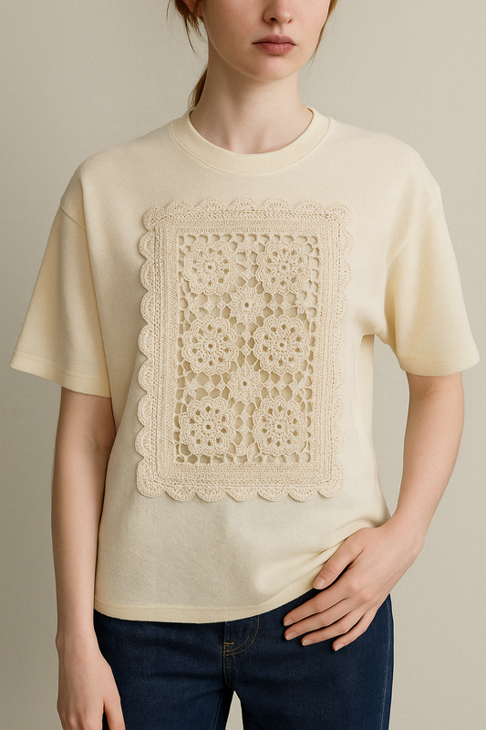 Cream Terry Tee with Crochet Panel