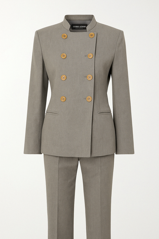 Tailored Mandarin‑Collar Gray Double‑Breasted Suit