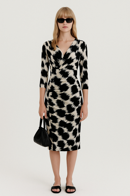 Black and White Silk Wrap Dress