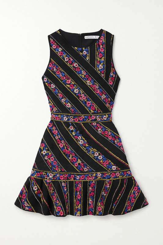 Embroidered Floral Stripe Fitted Dress