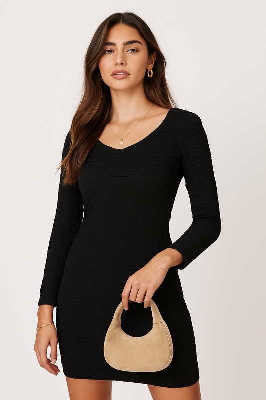 Textured Long Sleeve Fitted One-Piece