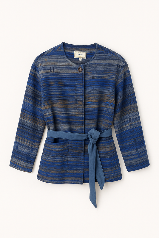 Blue Textured Stripe Belted Jacket