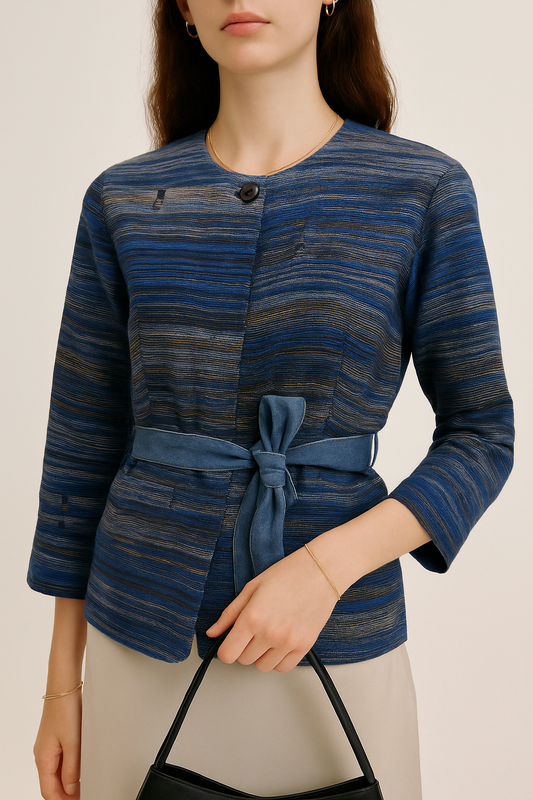 Blue Textured Stripe Belted Jacket
