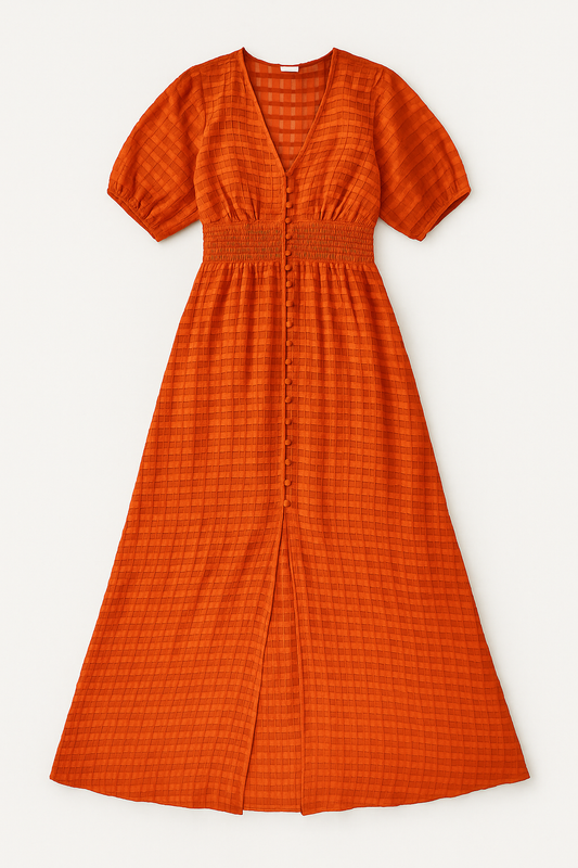 Orange Textured Smocked Waist Dress