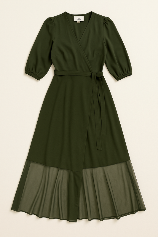Green Midi Wrap Dress with Sheer Hem