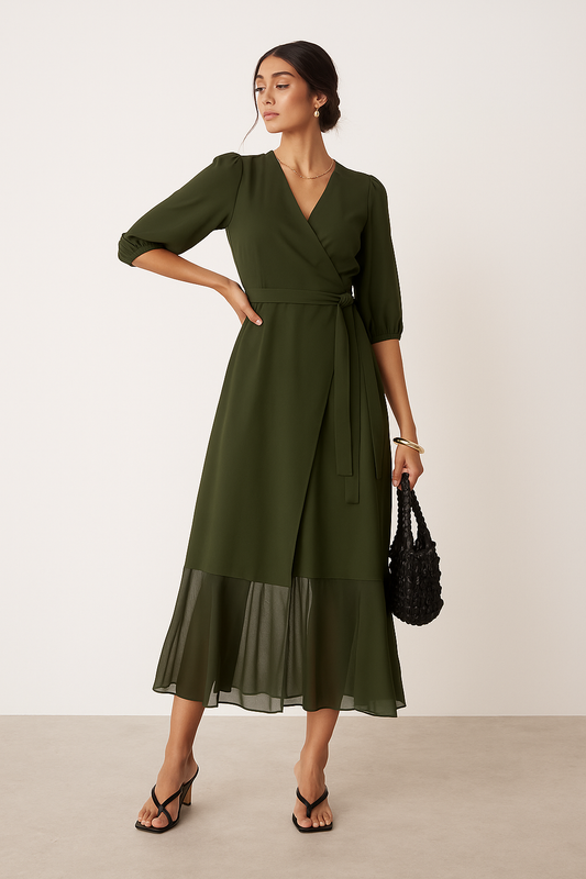 Green Midi Wrap Dress with Sheer Hem