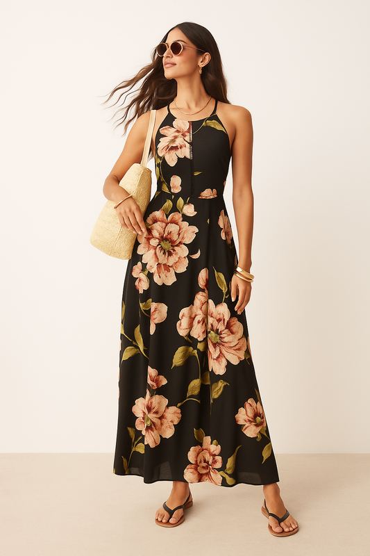 Black Floral Halter Neck One-Piece