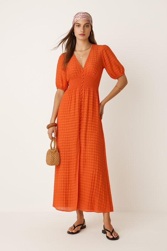 Orange Textured Smocked Waist Dress