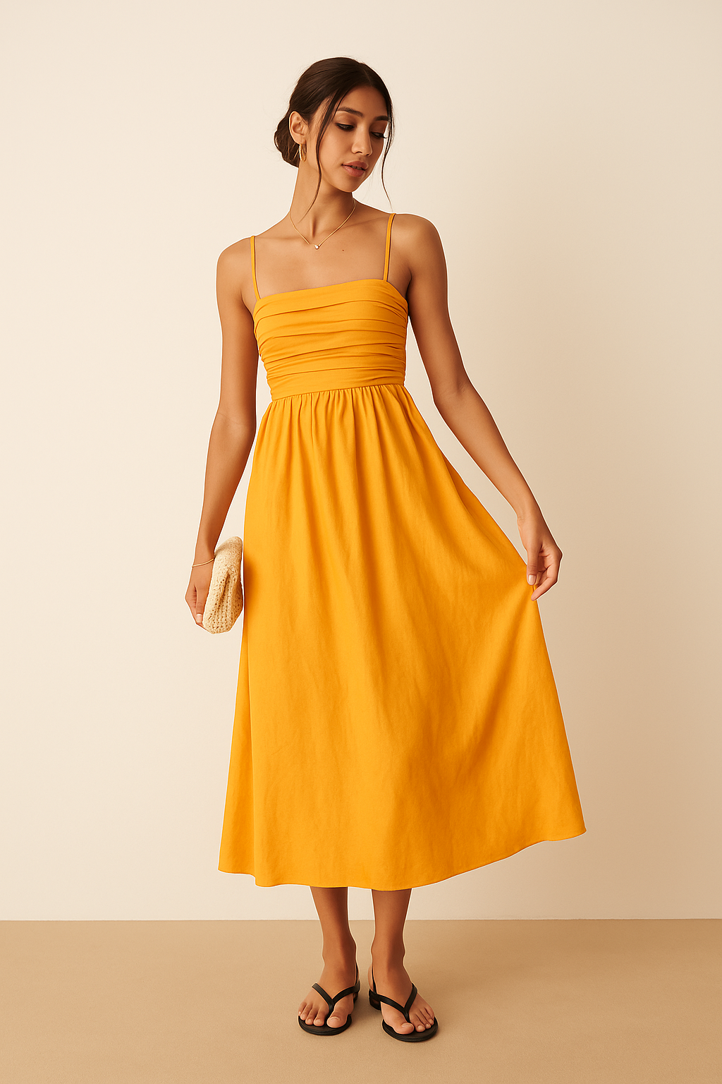 Orange Pleated Spaghetti Strap One-Piece