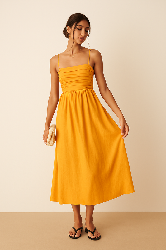 Orange Pleated Spaghetti Strap One-Piece