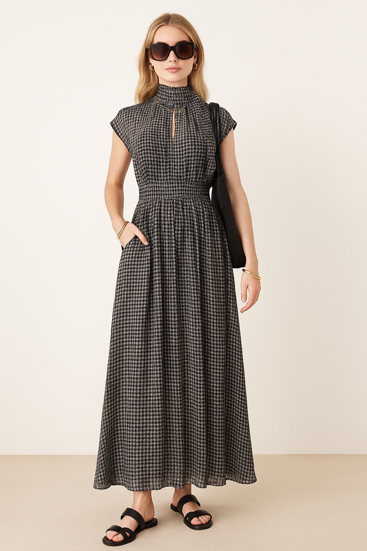 Black Houndstooth Halter Maxi Dress
