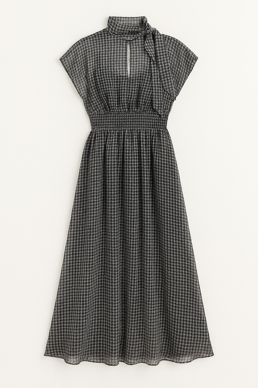 Black Houndstooth Halter Maxi Dress