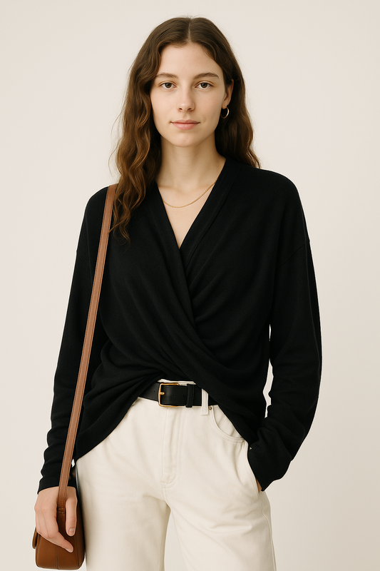 Black Draped Wool Wrap Top