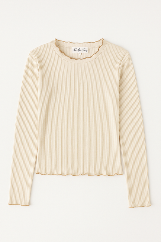 Ribbed Ruffle Edge Long Sleeve Top