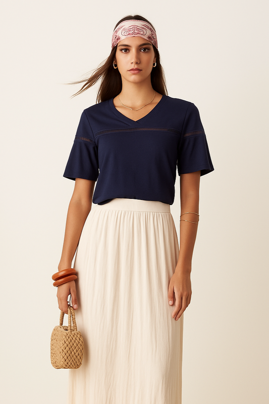Navy Ruffle Trim Peplum Blouse