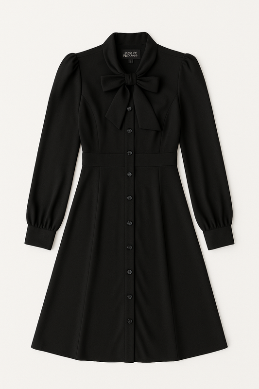 Black Long Sleeve Tie-Neck Dress
