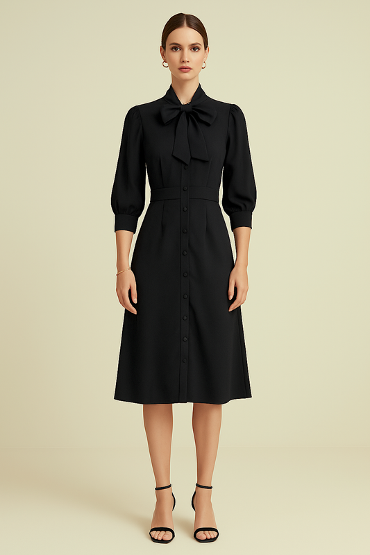 Black Long Sleeve Tie-Neck Dress