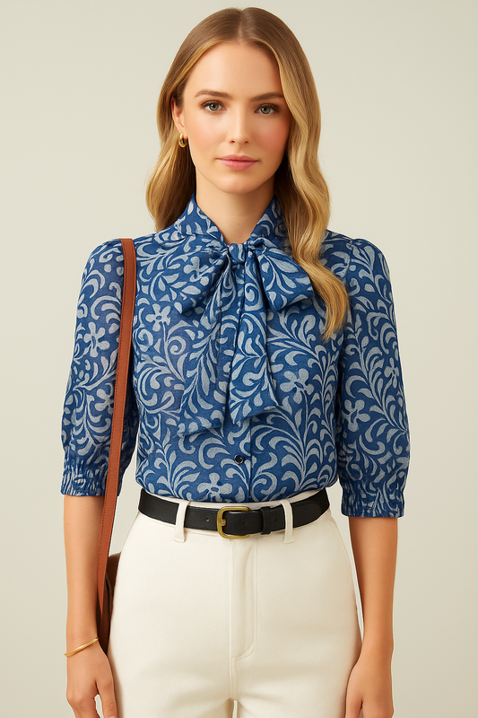 Blue Floral Burnout Tie Neck Blouse