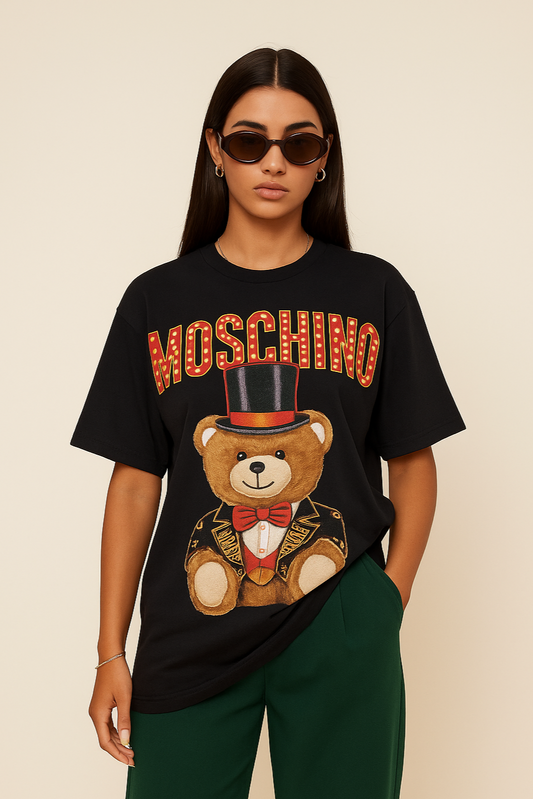Black Graphic Tee with Bear Print