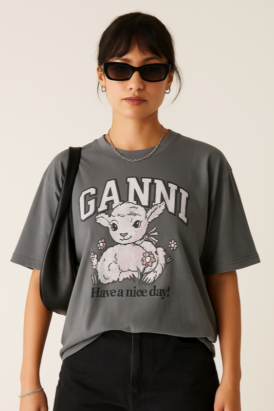 Gray Lamb Print Graphic Tee