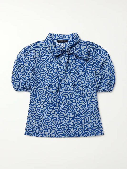 Blue Floral Burnout Tie Neck Blouse