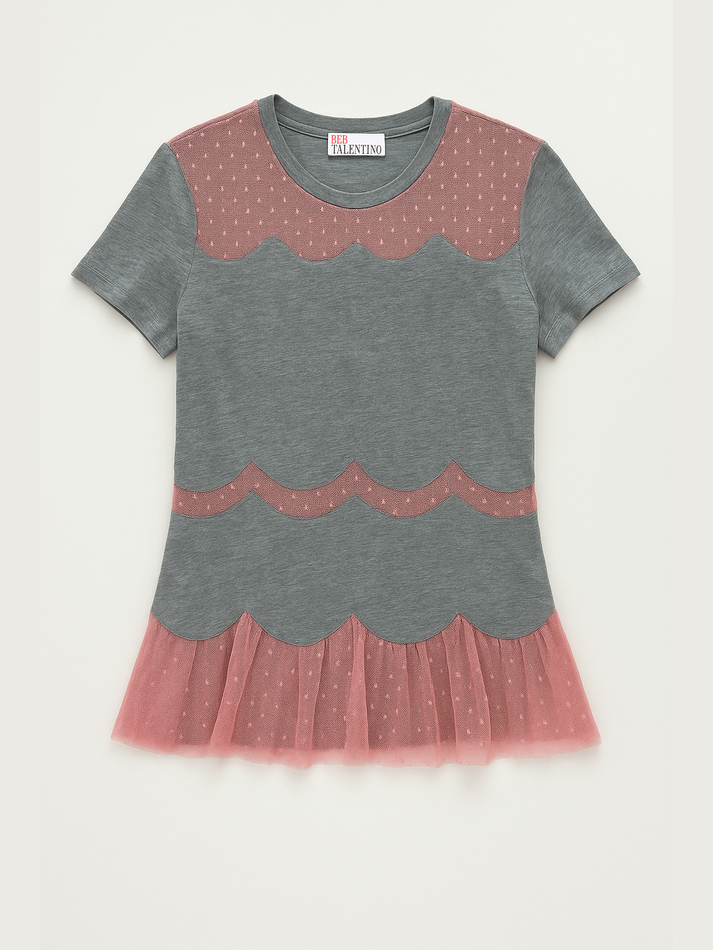Scalloped Gray Tee with Tulle Trim