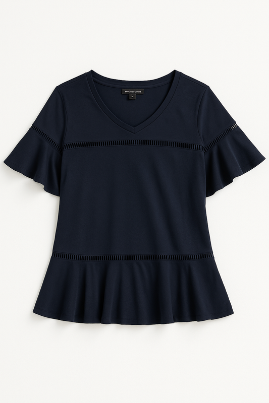 Navy Ruffle Trim Peplum Blouse