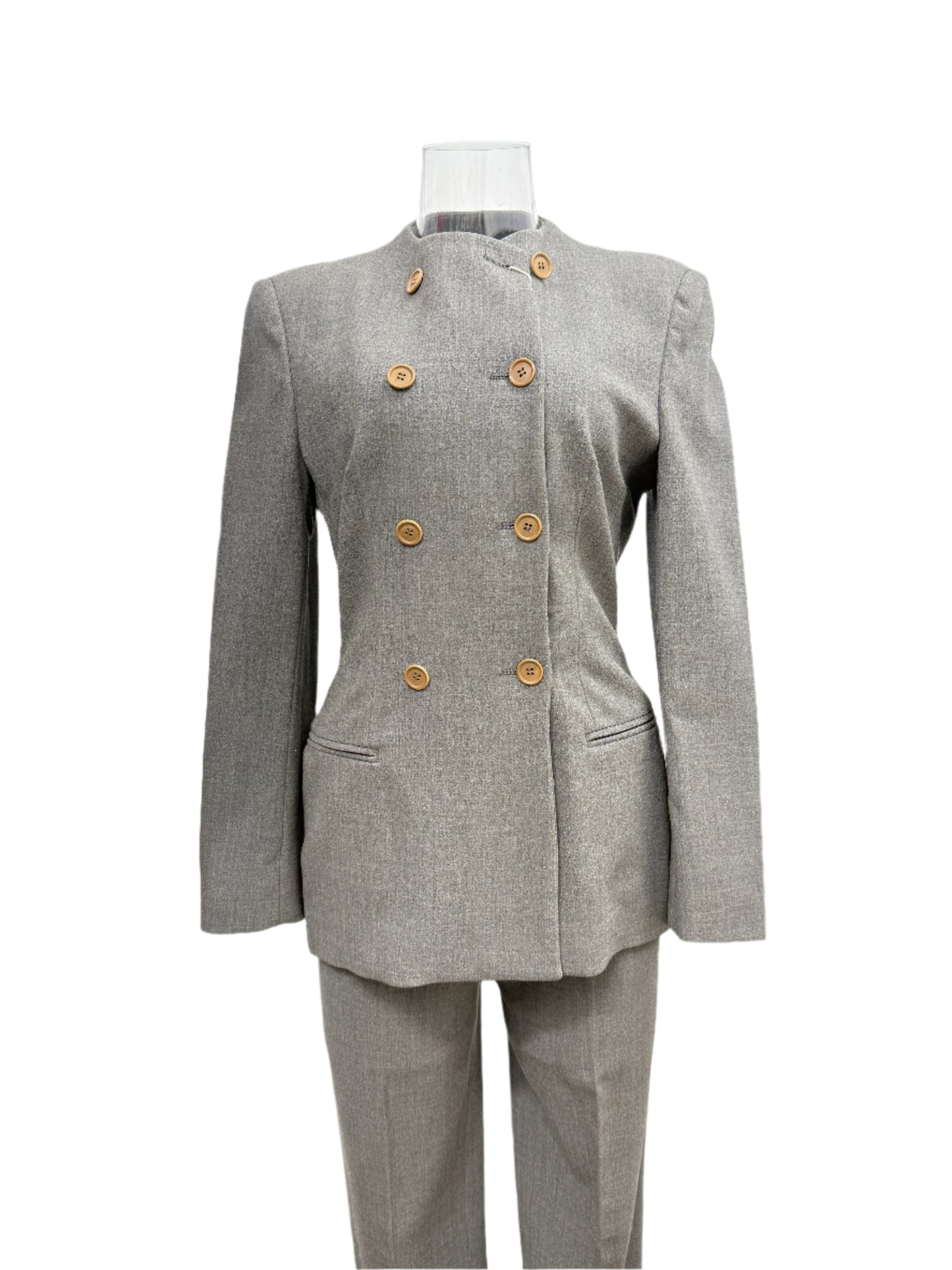 GREENIES Giorgio Armani Tailored Mandarin‑Collar Gray Double‑Breasted Suit