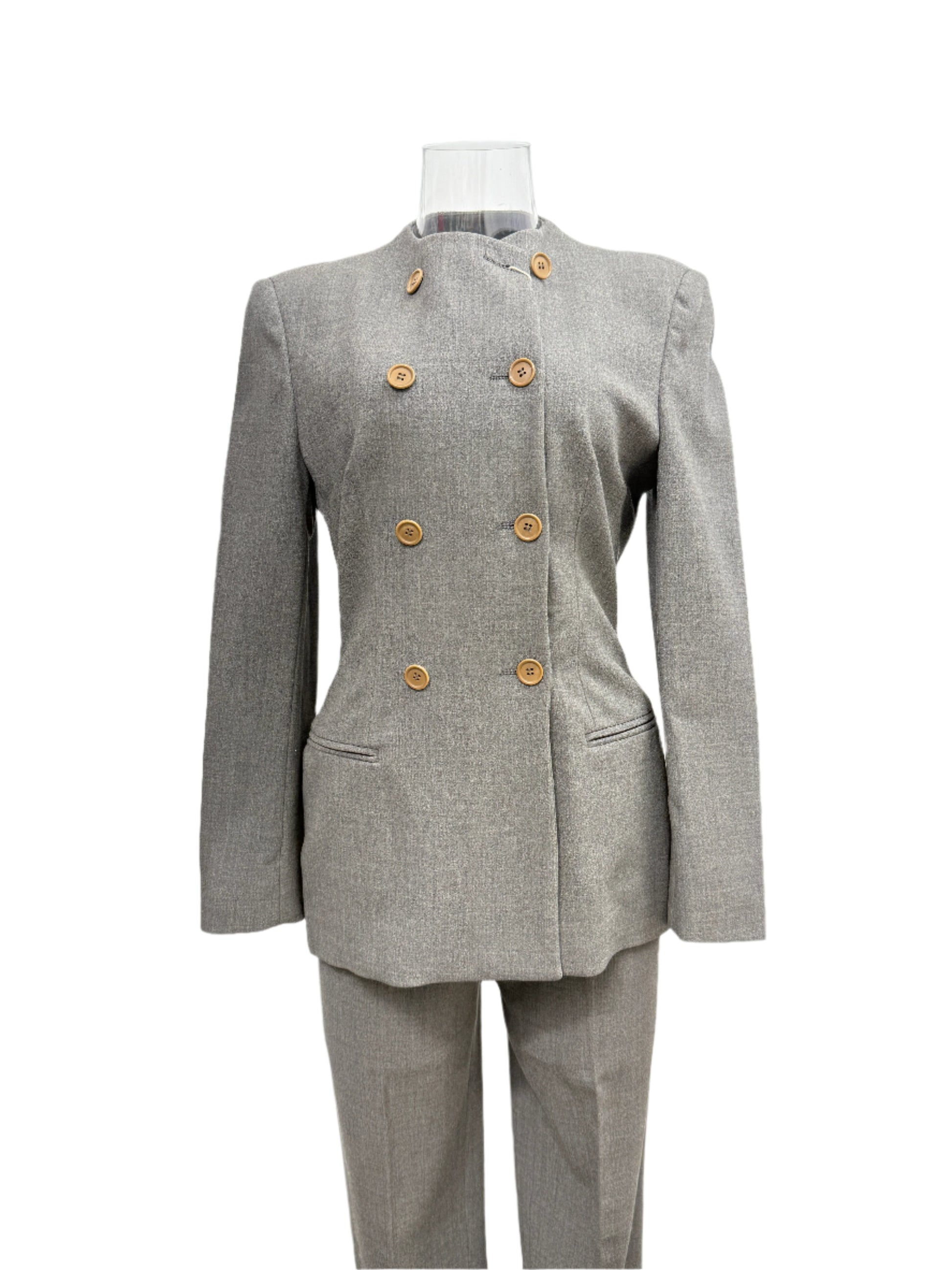 GREENIES Giorgio Armani Tailored Mandarin‑Collar Gray Double‑Breasted Suit