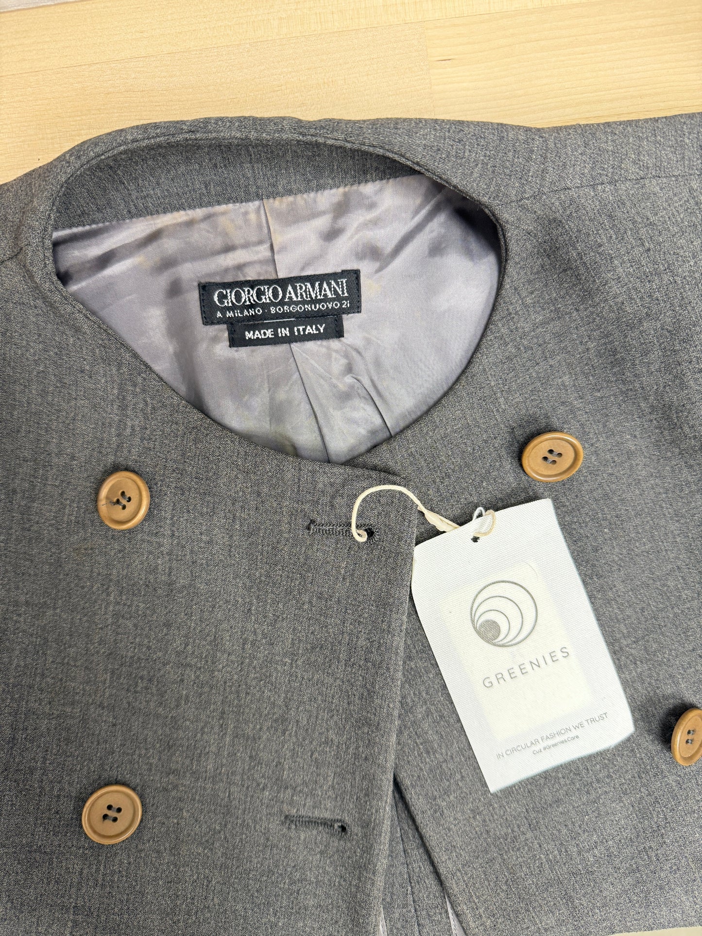 GREENIES Giorgio Armani Tailored Mandarin‑Collar Gray Double‑Breasted Suit
