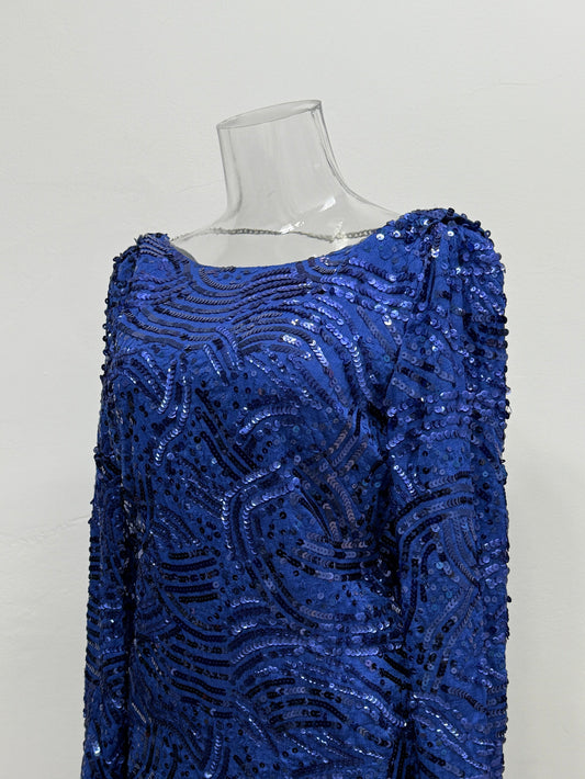 GREENIES BCBGMAXAZRIA Cobalt Sequin Draped Back Dress