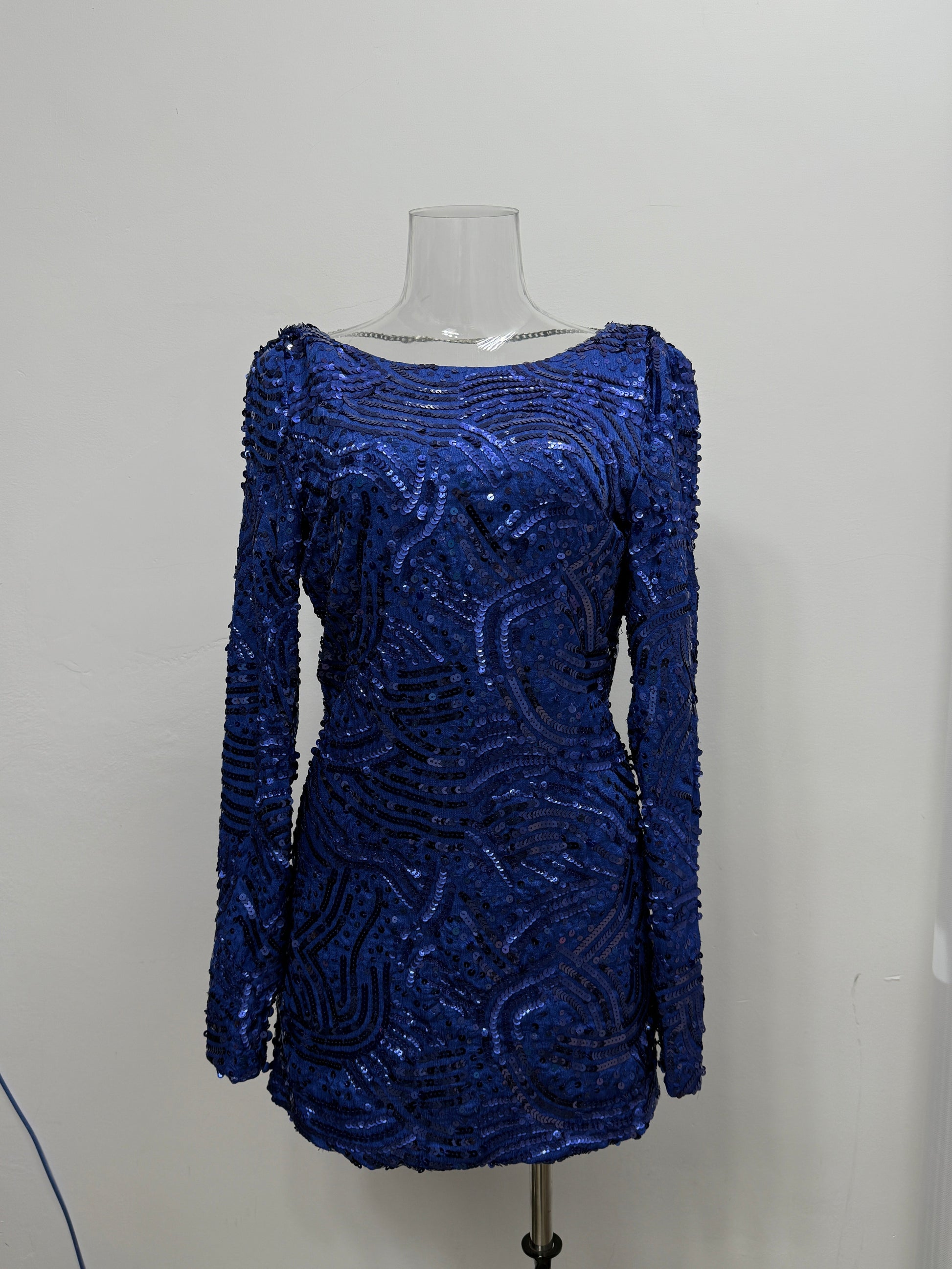GREENIES BCBGMAXAZRIA Cobalt Sequin Draped Back Dress