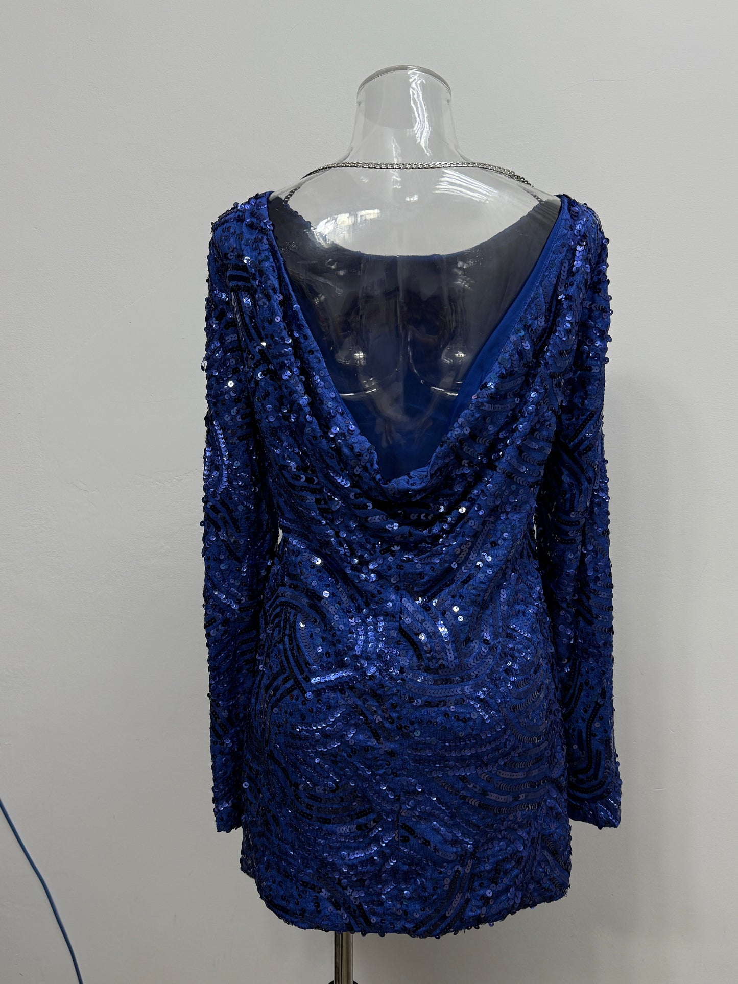 GREENIES BCBGMAXAZRIA Cobalt Sequin Draped Back Dress