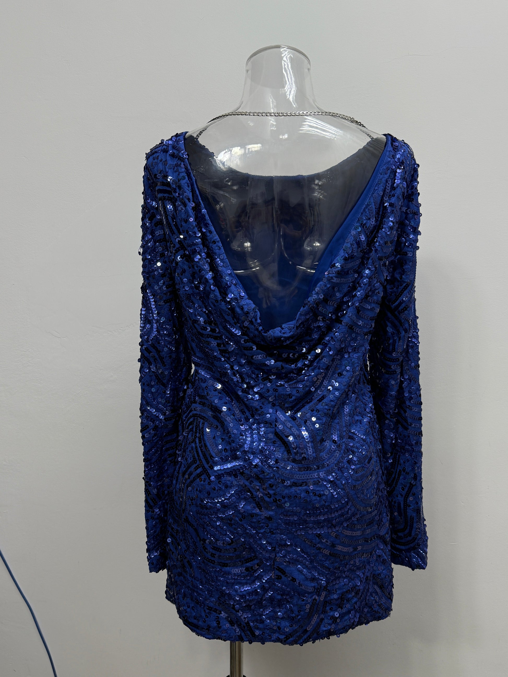 GREENIES BCBGMAXAZRIA Cobalt Sequin Draped Back Dress