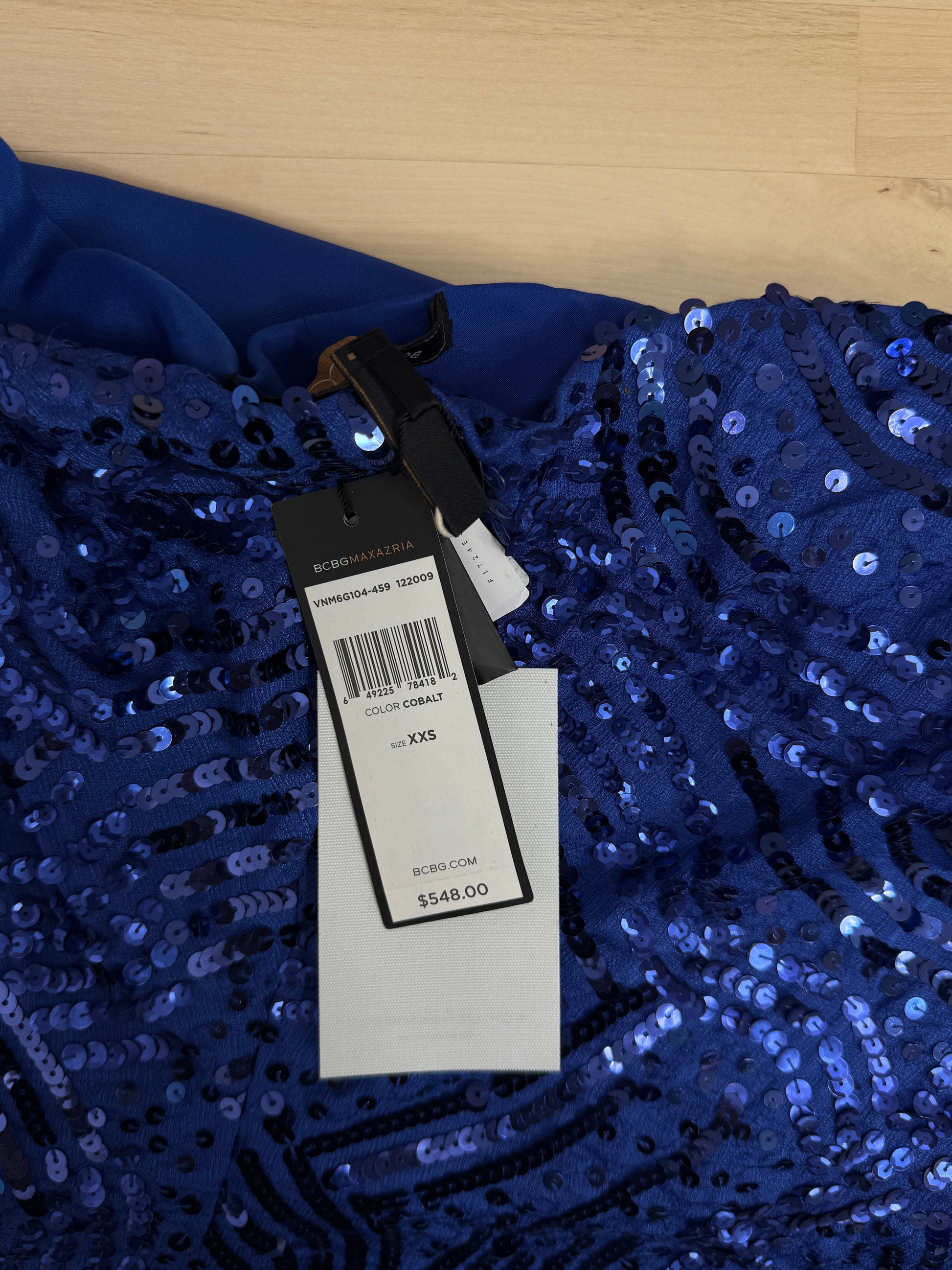 GREENIES BCBGMAXAZRIA Cobalt Sequin Draped Back Dress