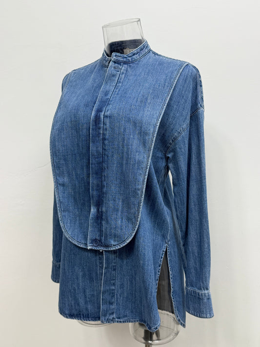 GREENIES Tibi Mandarin Collar Denim Blouse