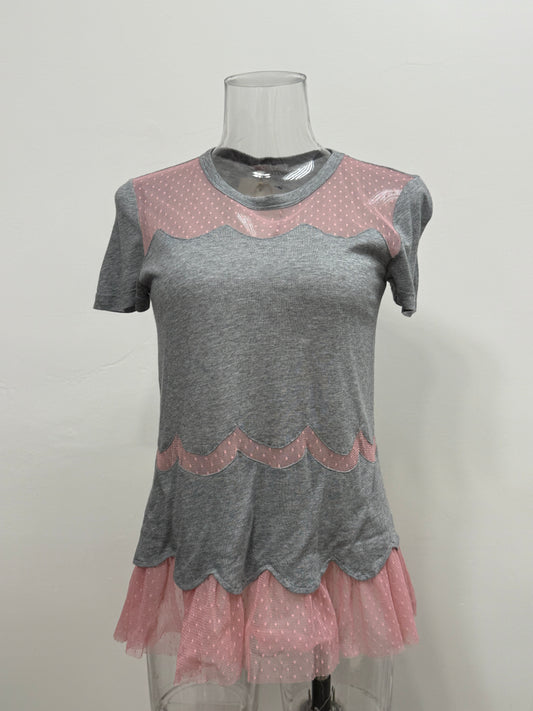 GREENIES RED Valentino Scalloped Gray Tee with Tulle Trim