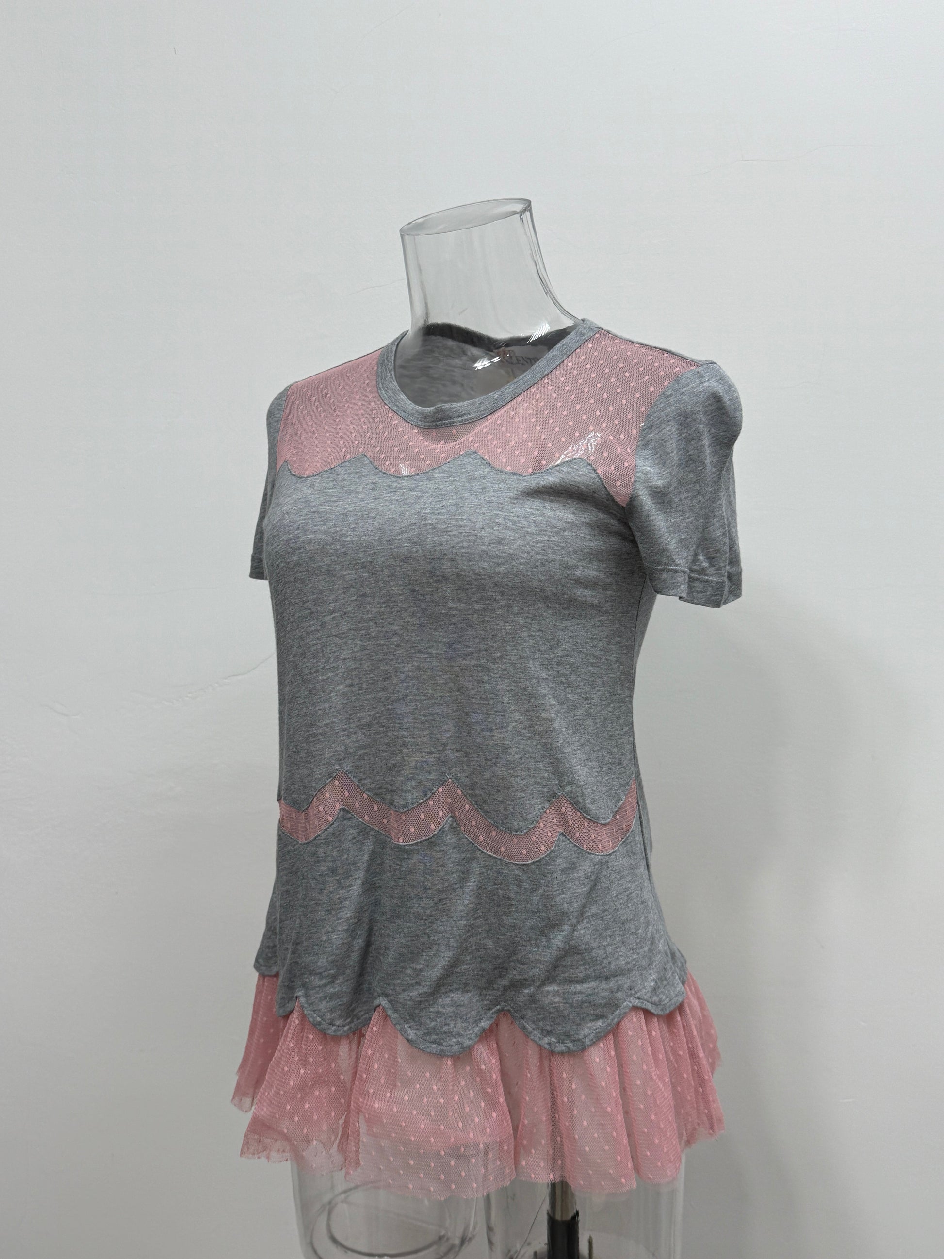 GREENIES RED Valentino Scalloped Gray Tee with Tulle Trim
