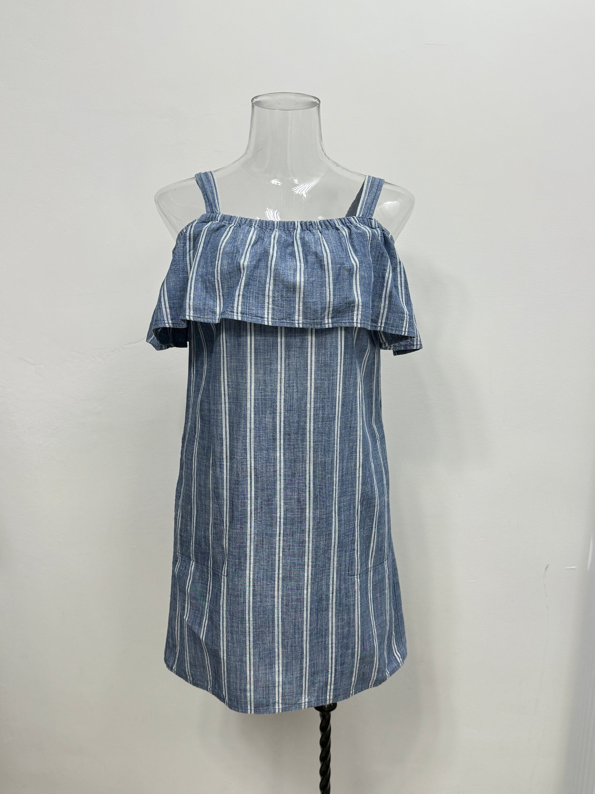 GREENIES J.Crew Blue Ruffled Striped Cotton Dress
