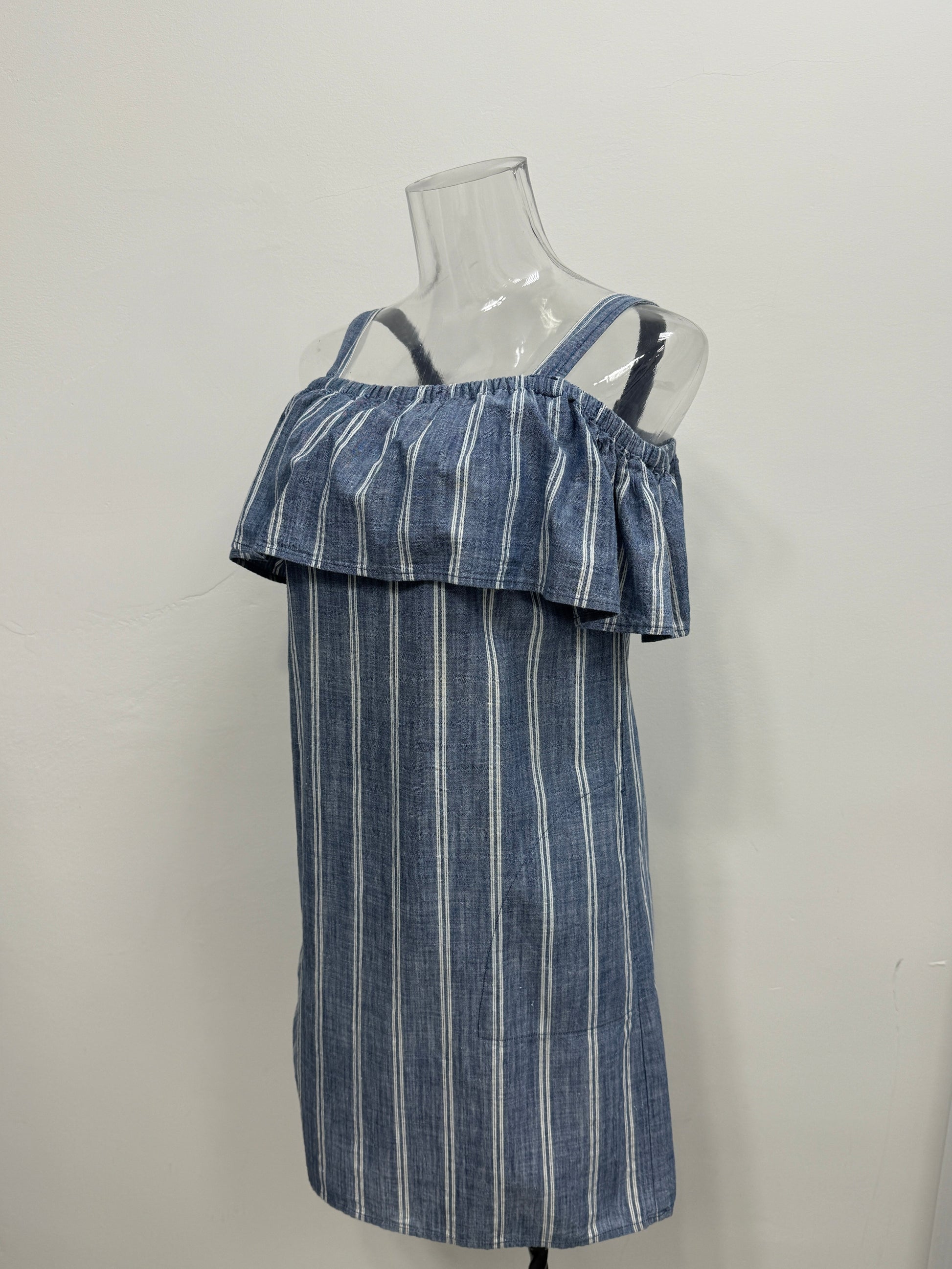 GREENIES J.Crew Blue Ruffled Striped Cotton Dress