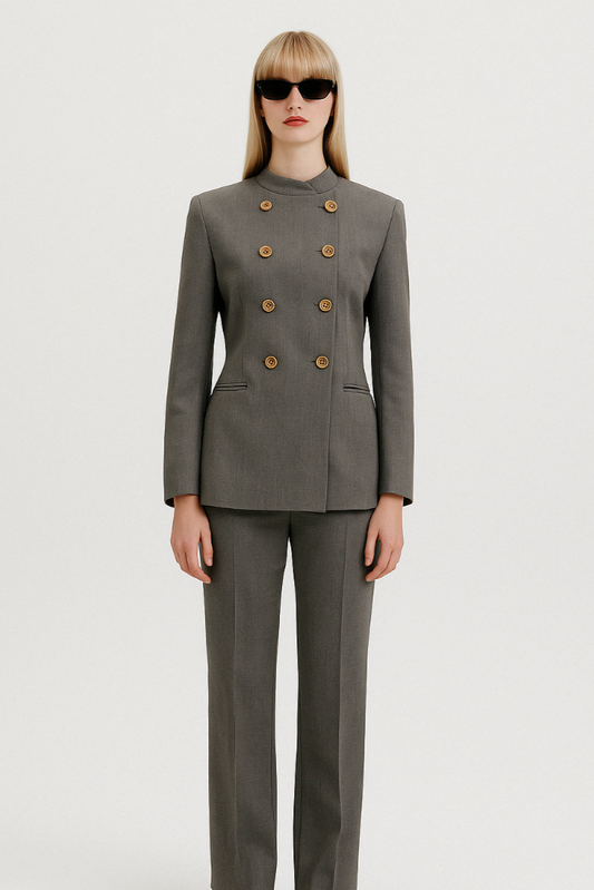 Tailored Mandarin‑Collar Gray Double‑Breasted Suit